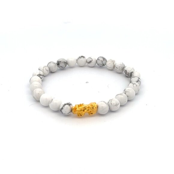 RAFANTHIA Jewelry - 18K Gold Pixiu Piyao Dragon Bracelet Natural White Howlite Gemstones 6mm Elastic
